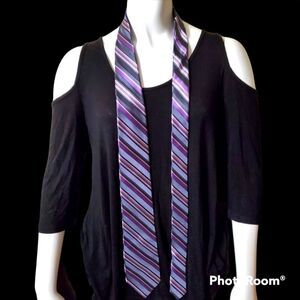 DKNY Gray, Purple, & White Striped Silk Tie